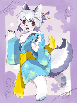 4_fingers 4_toes ambiguous_gender anthro asian_clothing biped blush bottomwear claws clothed clothed_ambiguous clothed_anthro clothing east_asian_clothing feet finger_claws fingers fully_clothed fully_clothed_ambiguous fully_clothed_anthro fur hair japanese_clothing kimono looking_back open_mouth open_smile pawpads paws pink_eyes side_view simple_background smile solo tail toes topwear white_body white_fur white_hair white_tail kame_3 canid canine mammal 2025 absurd_res digital_media_(artwork) hi_res