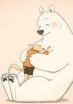 anthro biped blush bottomwear clothing duo eyes_closed hug kemono shorts simple_background sitting size_difference slightly_chubby panda_po bear canid canine fox mammal polar_bear ursine 2024 hi_res