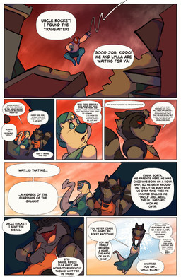anthro clothing dialogue duo female male orange_clothing orange_suit profanity red_sky sky speech_bubble suit text joesanchez guardians_of_the_galaxy marvel lylla_(marvel) rocket_raccoon mammal mustelid otter procyonid raccoon comic english_text hi_res