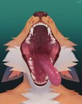 ambiguous_gender anthro bodily_fluids brown_nose cheek_tuft ears_back facial_tuft fangs front_view fur gradient_background mouth_shot obscured_eyes open_mouth orange_body orange_fur pink_tongue pivoted_ears saliva saliva_string simple_background solo teeth tongue tongue_out tuft whiskers white_body white_fur famir canid mammal 2024 bust_portrait dated hi_res portrait signature