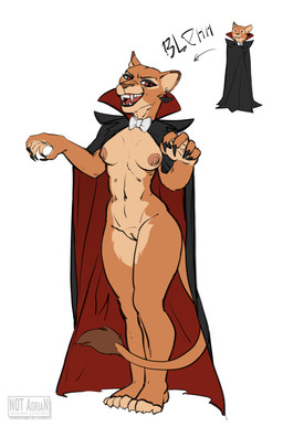 anthro athletic athletic_female bow_tie breasts cloak clothing contact_lenses costume countershading curvy_figure ear_piercing ear_ring eyeshadow female flashing fur genitals grin holidays hourglass_figure looking_at_viewer makeup mascara nude piercing pubic_mound red_eyes ring_piercing smile solo tan_body tan_fur teeth vulva wide_hips notadrian halloween brioche_(notadrian) domestic_cat felid feline felis lion mammal pantherine vampire absurd_res hi_res