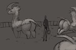 1_horn ambiguous_gender big_butt bucket butt container eyes_closed female fence feral group holding_bucket holding_container holding_object horn stretching thick_thighs wide_eyed meandraco rimworld human mammal thrumbo 3:2 greyscale hi_res monochrome