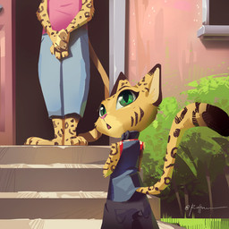 3_toes anthro bottomwear clasped_hands clothing collar detailed_background duo facial_markings feet female fur green_eyes head_markings jersey long_tail looking_at_another markings offscreen_character open_mouth pants pointy_ears pupils rear_view shirt shorts slit_pupils spots spotted_body spotted_fur striped_markings stripes tail toes topwear yellow_body yellow_fur young ruffu pepper_(ruffu) felid feline mammal serval digital_drawing_(artwork) digital_media_(artwork)