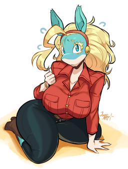anthro belt big_breasts blonde_hair blue_eyes boots bottomwear breasts clothing eyebrows eyelashes female footwear hair huge_breasts kneeling pants red_clothing red_shirt red_topwear shirt shoes solo teal_body thick_thighs topwear white_body jamoart my_hero_academia ippan_josei mammal quirked_human_(my_hero_academia) 2026 absurd_res hi_res