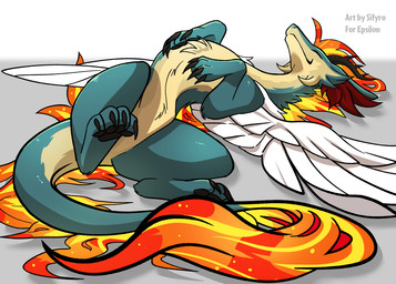 ambiguous_gender chest_tuft claws eyes_closed feathers feral finger_claws fire fur green_body green_fur horn long_neck long_tail lying on_back pawpads paws relaxing sleeping smile snout tail toe_claws tuft wings yellow_body yellow_fur blitzdrachin conditional_dnp mythology dragon mythological_creature mythological_scalie scalie