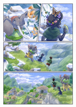 ambiguous_gender anthro biped black_body black_fur black_tail clothed clothing cloud day feral flower fur grass grey_body hat headgear headwear holding_object outside plant proboscis_(anatomy) quadruped snow tail trunk_(anatomy) village bjekkergauken imbali_(bjekkergauken) isilo_(bjekkergauken) chameleon elephant elephantid humanoid lizard mammal proboscidean reptile scalie unknown_species 2026 colored comic hi_res