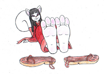 3_toes anthro asian_clothing barefoot biped black_hair buckteeth clothing east_asian_clothing feet female fluffy fluffy_tail foot_focus footwear fur hair japanese_clothing kimono long_hair robe sandals shoes simple_background soles solo tail teeth toes white_background white_body white_fur mintymousyx_(artist) mammal rodent sciurid tree_squirrel source_request