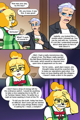 anthro bandage bandage_on_face bandage_on_nose blush blush_stickers dialogue duo eyelashes eyewear female glasses long_eyelashes male male/female speech_bubble text lovetopullmicke animal_crossing nintendo isabelle_(animal_crossing) villager_(animal_crossing) canid canine canis domestic_dog human mammal 2:3 absurd_res comic english_text hi_res