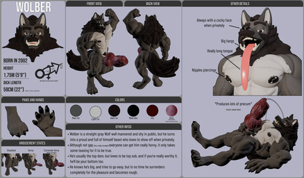 abs animal_genitalia animal_penis anthro balls big_balls big_penis bodily_fluids canine_genitalia canine_penis erection fur genital_fluids genitals hair huge_penis long_tongue male muscular muscular_anthro muscular_male nipples nude pecs penis simple_background solo tail text tongue vein veiny_penis watanno wolber canid canine canis mammal wolf 3d_(artwork) absurd_res digital_media_(artwork) english_text hi_res model_sheet