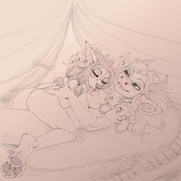 3_fingers 3_toes 4_fingers adult_on_young age_difference anthro bed bedding bedroom_eyes black_nose blush braided_hair breast_lick breast_play breasts claws curtains dewclaw digitigrade duo eyes_closed fangs feet female female/female fingers furniture hair hand_on_back hand_on_head horn hug hugging_another licking long_ears long_hair looking_at_another looking_at_partner lying mauve_background medium_breasts nails narrowed_eyes nipples nude on_back on_front pawpads pink_nipples pink_nose seductive size_difference sleeping smile soles teeth toes tongue young young_anthro young_female fuchs blizzard_entertainment warcraft hilda_(warcraft) bovid bovine canid mammal tauren werecanid werecreature worgen 1:1 2025 detailed digital_drawing_(artwork) digital_media_(artwork) hi_res monochrome sketch spot_color
