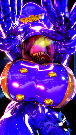 accessory anthro arms_out arms_outstretched big_breasts blue_tongue bodysuit breasts clothed clothing female glistening glistening_bodysuit glistening_clothing glistening_latex glistening_skinsuit gloves glowing glowing_eyes hair handwear headgear headwear huge_breasts latex latex_bodysuit latex_clothing latex_gloves latex_handwear latex_headwear latex_skinsuit latex_uniform looking_at_viewer military_uniform one_eye_obstructed one_eye_visible open_mouth purple_body purple_bodysuit purple_clothing purple_hair purple_latex purple_skinsuit reflective_clothing sharp_teeth skinsuit small_waist solo teeth text thick_thighs tight_clothing tongue tongue_out uniform wide_hipped_female wide_hips yellow_eyes palisal deltarune meatcorp undertale_(series) lancer_(deltarune) susie_(deltarune) darkner humanoid monster reptile scalie 2024 3d_(artwork) 4k 9:16 absurd_res blender_(artwork) digital_media_(artwork) english_text hi_res portrait three-quarter_portrait