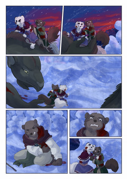after_battle after_fight anthro biped blood bodily_fluids brown_body brown_fur brown_tail clenched_teeth clothed clothing eyes_closed female feral fur green_body green_fur group larger_feral male quadruped ranged_weapon size_difference smaller_anthro tail teeth weapon white_body white_fur wounded bjekkergauken mythology hillevi shirin_(bjekkergauken) unni_(bjekkergauken) arctic_fox bear brown_bear canid canine dragon fox furred_dragon furred_scalie gulonine mammal marten mustelid musteline mythological_creature mythological_scalie pine_marten scalie true_fox ursine 2025 colored comic hi_res multiple_scenes