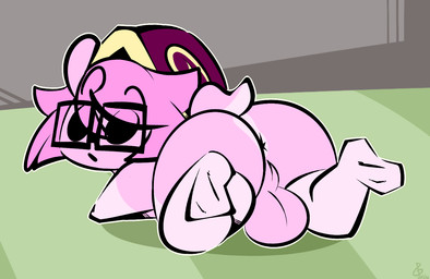 all_fours anthro anus backsack balls barefoot big_butt black_eyes butt eyewear feet genitals glasses hair looking_at_viewer male nude pink_body pink_hair pink_skin presenting presenting_hindquarters rectangular_glasses shell_hat solo thefablednekos spiral_stream_derby jerry_capshell gastropod mollusk snail
