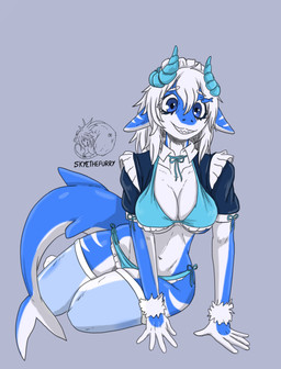 anthro big_breasts blue_body blue_eyes breasts clothing female hair happy horn navel non-mammal_breasts non-mammal_navel solo thick_thighs under_boob white_body white_hair wide_hips allartskye aquatic fish shark hi_res