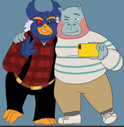 3_claws anthro arm_over_shoulder cellphone claws close_together clothing duo electronics eyebrows eyes_closed flannel_shirt gesture hand_gesture male male/male overweight overweight_anthro overweight_male pattern_clothing pattern_shirt pattern_topwear phone selfie shirt smartphone smile striped_clothing striped_shirt striped_topwear stripes suspenders thick_eyebrows topwear v_sign denki404 odd_taxi pen-pen_(rawk-hawpper) taichi_kabasawa_(odd_taxi) avian bird common_hippopotamus crested_penguin hippopotamid mammal penguin rockhopper_penguin
