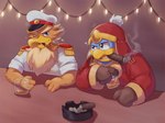 anthro ashtray beak blue_body blue_eyes blue_feathers cigar duo feathers male male/male one_eye_closed pipe smoking wink st637 kirby_(series) nintendo captain_vul king_dedede hi_res