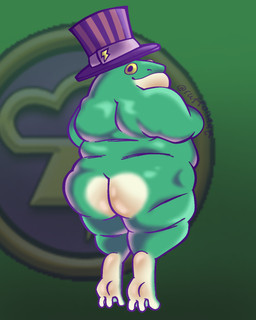 anthro belly big_butt blush butt clothing feet green_body hat headgear headwear looking_at_viewer male moobs multicolored_body nude overweight overweight_anthro overweight_male simple_background smile solo thick_thighs toes two_tone_body wide_hips wizard_hat ruffonaut wizard101 halston_balestrom amphibian amphibian_humanoid animal_humanoid frog humanoid 4:5 digital_media_(artwork) hi_res
