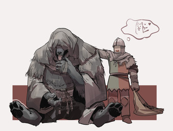 anthro armor biped claws clothing coif digitigrade duo finger_claws gloves handwear headgear heart_symbol helmet hood larger_anthro larger_male male pawpads petting robe simple_background sitting size_difference smaller_human smaller_male tabard tongue tongue_out white_background flying_pig0w0 elden_ring fromsoftware gurranq_(elden_ring) tarnished_(elden_ring) canid canine canis human mammal wolf 2022 digital_media_(artwork) hi_res