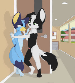 anthro black_body black_fur blue_body blue_fur bodily_fluids candy dessert duo female food fur genital_fluids hand_holding lollipop looking_at_another male male/female school vaginal_fluids white_body white_fur young rilium bluey_(series) bluey_heeler mackenzie_(bluey) canid canine canis domestic_dog mammal hi_res