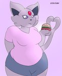 anthro burger colored-in female food forehead_gem forked_tail gem heart_pupils overweight red_gem slightly_chubby solo tail unusual_anatomy unusual_tail zilikslider nintendo pokemon eeveelution espeon generation_2_pokemon pokemon_(species) absurd_res hi_res shaded