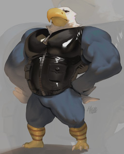 3_toes anthro barazoku beak biceps blue_body bottomless claws clothed clothing featureless_crotch feet glistening glistening_clothing grey_background hand_on_hip leather leather_clothing leather_topwear leather_vest looking_away male muscular muscular_anthro muscular_male pecs scuted_legs scutes shortstack shortstack_male simple_background solo standing toe_claws toes topwear vest yellow_beak zipper huzzhuz animal_crossing nintendo apollo_(animal_crossing) accipitrid accipitriform avian bird eagle 2026 digital_media_(artwork) hi_res signature