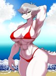 abs anthro beach big_breasts bikini blue_sky breasts claws clothed clothing curvy_anthro curvy_female curvy_figure day detailed_background eyelashes female finger_claws fingers grey_eyes grey_hair hair hand_behind_head huge_breasts huge_hips huge_thighs long_tail looking_at_viewer muscular muscular_anthro muscular_arms muscular_female outside red_bikini red_clothing red_swimwear scales sea seaside sharp_teeth short_hair skimpy skimpy_bikini sky snout solo spiked_tail spikes spikes_(anatomy) swimwear tail teeth thick_thighs two-piece_swimsuit voluptuous voluptuous_anthro voluptuous_female water white_body white_scales wide_hipped_anthro wide_hipped_female wide_hips yellow_sclera garavakarian cavemanon_studios i_wani_hug_that_gator fan_character margarita_(animaex) alligatorid caiman crocodilian reptile scalie 2024 digital_drawing_(artwork) digital_media_(artwork) hi_res