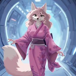 anthro asian_clothing breasts clothed clothing east_asian_clothing female fur hair japanese_clothing kimono looking_at_viewer smile solo standing tail el-gallo canid canine fox mammal 1:1 digital_media_(artwork) hi_res