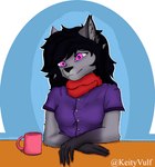 anthro clothing container cup female scarf shirt solo t-shirt topwear keityvulf canid canine canis mammal wolf button_(disambiguation)