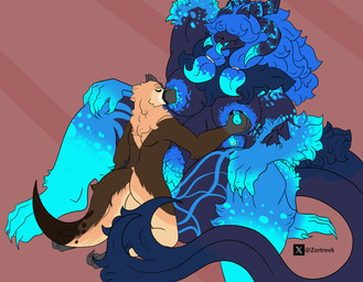 3_toes 4_arms 4_breasts anthro areola black_body blotchy_areola blue_body blue_hair bodily_fluids breast_milking breast_play breast_suck breastfeeding breasts brown_body covered_eyes duo eyes_closed feet female fluffy fluffy_tail fur hair horn lactating larger_female long_hair long_tail male male/female mane multi_arm multi_breast multi_limb nipple_dip nipple_fetish nipple_play pubes sex short_hair simple_background size_difference spread_legs spreading sucking tail tan_body tan_fur tan_hair toes tongue tongue_out zortrex mythology shadelyn_(zortrex) dinosaur dragon dromaeosaurid furred_dragon furred_scalie myceelidos_(zortrex) mythological_creature mythological_scalie prehistoric_species reptile saurischian scalie theropod utahraptor absurd_res hi_res