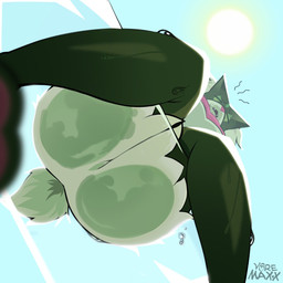 against_surface anthro ass_on_glass bodily_fluids butt female glass heat_(temperature) low-angle_view on_glass scut_tail short_tail solo sun sweat sweatdrop tail voremaxx nintendo pokemon felid generation_9_pokemon humanoid mammal meowscarada pokemon_(species) 1:1 hi_res