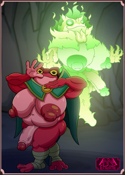 3_toes 4_fingers anthro areola balls barefoot belly biceps big_areola big_breasts big_nipples big_penis biped breasts burning cape cape_only cave clothing colored_fire duo facial_markings feet fingers fire flaccid foreskin front_view genitals gesture glans glowing glowing_body glowing_eyes gradient_body green_body green_fire green_nipples green_penis gynomorph head_markings hovering huge_breasts humanoid_genitalia humanoid_penis intersex jojo_pose levitation looking_at_viewer magic magic_user markings membrane_(anatomy) mostly_nude multicolored_body navel nipples nude penis pink_body pink_penis pose pupils raised_arms red_areola red_body red_nipples retracted_foreskin shortstack simple_background slightly_chubby slightly_chubby_gynomorph slightly_chubby_intersex smile spread_arms standing thick_thighs toes two_tone_body unusual_pupils vein veiny_penis webbed_feet webbed_hands yellow_eyes annaengine absolum_(game) brome_(absolum) amphibian frog will-o'-the-wisp absurd_res digital_drawing_(artwork) digital_media_(artwork) hi_res busty_boy_(lore) male_(lore)