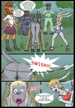 anthro anus blonde_hair blue_eyes butt butt_slap clothing corporal_punishment dialogue female footwear forest genitals group hair high_heels judge judgement male panties plant punishment shoes slap spanking tail text tree underwear vulva whip whipping gesperax bear canid canine canis deer domestic_rabbit dwarf_rabbit fox lagomorph leporid mammal moose new_world_deer oryctolagus rabbit true_fox wolf comic english_text hi_res