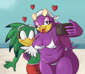 anthro barely_contained barely_contained_breasts beach beak bikini bikini_bottom bikini_top blue_eyes blush blush_lines bodily_fluids breasts breasts_in_front_of_face cellphone chest_tuft clothed clothing duo electronics eyewear eyewear_on_head feathers female goggles goggles_on_head green_body green_feathers heart_symbol hearts_around_head holding_close kerchief looking_at_breasts male male/female muffin_top one_eye_closed overweight overweight_female phone purple_body purple_feathers red_clothing red_swimming_trunks red_swimwear selfie skimpy staring_at_chest sunglasses sunglasses_on_head sweat sweatdrop swimming_trunks swimwear taking_picture taking_selfie tight_clothing tongue tongue_out tuft two-piece_swimsuit weight_gain white_bikini white_bikini_bottom white_bikini_top white_clothing white_swimwear wink allola1101 sega sonic_riders sonic_the_hedgehog_(series) jet_the_hawk wave_the_swallow accipitrid accipitriform avian bird hirundinid oscine passerine swallow_(bird) hi_res