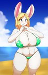 anthro beach big_breasts bikini blonde_hair breasts camel_toe chest_tuft cleavage clothed clothing female fur hair seaside solo swimwear tuft two-piece_swimsuit white_body white_fur matypup lagomorph leporid mammal rabbit hi_res