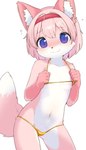 accessory anthro bikini black_nose camel_toe clothing countershading dipstick_tail female fur hair_accessory hairband kemono markings navel nervous nipples pink_body pink_fur purple_eyes slight_smile solo string_bikini swimwear tail tail_markings two-piece_swimsuit white_body white_fur yellow_bikini yellow_clothing yellow_swimwear young canopus335 golden_week momotaro_(giridechoco) canid canine fox mammal 2025 hi_res