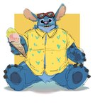 4_fingers 4_toes absurd_res alien aloha_shirt anthro anthrofied blue_body blue_claws blue_fur blue_nose blue_pawpads claws clothing dessert disney djtaka experiment_(lilo_and_stitch) eyewear eyewear_on_head feet fingers food fur hi_res ice_cream ice_cream_cone lilo_and_stitch male notched_ear pattern_clothing pattern_shirt pattern_topwear pawpads shirt simple_background sitting solo stitch_(lilo_and_stitch) sunglasses sunglasses_on_head toe_claws toes topwear tuft