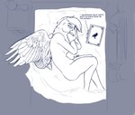 anthro bed book breasts butt container cup electronics female furniture inside lying nude phone simple_background solo wings firstletterj accipitrid accipitriform animal_humanoid avian bird buteo chickenhawk humanoid red-tailed_hawk blue_and_white digital_media_(artwork) hi_res monochrome signature