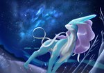 ambiguous_gender crystal feral forest hair landscape night plant purple_hair red_eyes solo star tree wilderness watte nintendo pokemon generation_2_pokemon legendary_pokemon pokemon_(species) suicune absurd_res hi_res