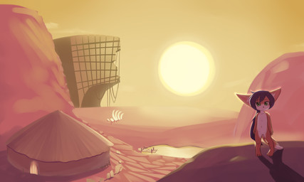 anthro casual_nudity desert female flat_chested genitals hut nude outside solo sun vulva young young_anthro delicious_(artist) floretta_reichel canid canine fennec_fox fox mammal true_fox 5:3 absurd_res hi_res