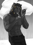 anthro black_body black_fur cross cross_ear_piercing dreadlocks felid fur hi_res horus_wild kraaisha lion male mammal muscular muscular_anthro muscular_male pantherine smoking solo