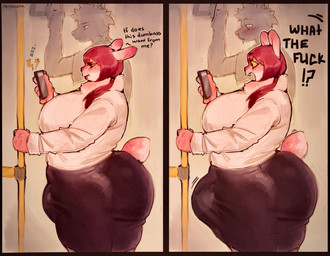 anime_nosebleed anthro big_breasts big_butt black_border black_bottomwear black_clothing black_skirt border bottomwear breasts butt cellphone clothing collared_shirt dewlap_(anatomy) dialogue dress_shirt duo electronics erection erection_under_skirt fur gynomorph hair huge_butt inside_train intersex looking_at_cellphone looking_at_object looking_at_phone male notification pencil_skirt phone pink_body pink_fur profanity red_hair shirt shocked skirt smartphone tail text topwear white_dress_shirt yellow_sclera petroverr canid canine lagomorph leporid mammal rabbit 2026 english_text hi_res