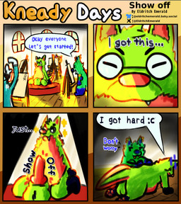 ambiguous_gender anthro balls dialogue erection figure_drawing genitals knot male penis solo unwanted_erection eldritchemerald taidum comic hi_res