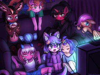 2_horns aged_down anthro biped black_hair black_nose blonde_hair blue_hair blush blush_lines braided_hair brown_body brown_fur brown_hair closed_smile clothed clothing countershade_fur countershade_torso countershading electronics feathered_wings feathers female feral fur furniture grey_body grey_fur group hair hair_over_eye holding_object holding_plushie horn inside mouth_closed multicolored_body navel on_sofa open_mouth open_smile pink_hair pink_nose plushie purple_body purple_fur purple_hair quadruped red_body red_fur scut_tail short_hair short_tail sitting sitting_on_ground sitting_on_sofa sleeping smile sofa spread_legs spreading tail tan_body tan_countershading tan_fur tan_skin television topless topless_female two_tone_body unicorn_horn watching_television wings yellow_body yellow_fur young young_anthro young_female young_feral young_human lumineko friendship_is_magic hasbro my_little_pony mythology fluttershy_(mlp) luminyako_(lumineko) ambiguous_species equid equine human lagomorph leporid mammal mythological_creature mythological_equine pegasus rabbit unicorn 2026 4:3