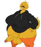 anthro beak big_breasts blonde_hair bottomless breasts clothed clothing crossgender curvy_figure genitals gynomorph hair hoodie huge_breasts huge_hips huge_thighs intersex looking_at_viewer mtg_crossgender mti_crossgender overweight overweight_gynomorph overweight_intersex penis simple_background solo thick_thighs topwear vein veiny_penis venus_figure voluptuous white_background wide_hips yellow_body sssonic2 third-party_edit pbs sesame_street big_bird_(sesame_street) avian bird 2023 digital_media_(artwork)