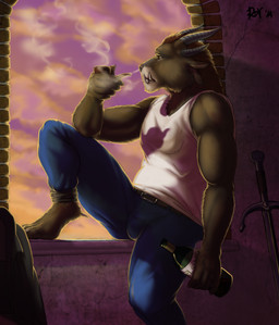 alcohol anthro barefoot belt beverage biped bottle bottomwear brown_body brown_fur brown_nose clothed clothing container ears_back fangs feet fur holding_bottle holding_container holding_object horn looking_outside looking_through looking_through_window male melee_weapon pants pipe pivoted_ears shirt sitting sky smoke smoking smoking_pipe solo sunset sword tank_top teeth topwear tusks weapon window window_seat rov guild_wars charr felid mammal 2014 digital_media_(artwork) signature