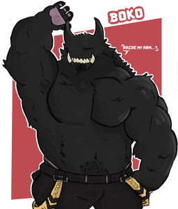 anthro black_body black_fur fur horn male muscular muscular_anthro muscular_male not_furry paws pecs solo teeth crococola boko_(crococola) demon hi_res