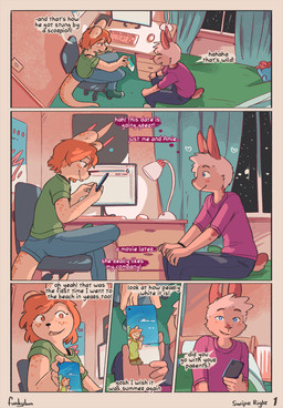 bed clothed clothing electronics exhibitionism freckles furniture inside jake_(funkybun) male phone phone_screen conditional_dnp funkybun amie_(funkybun) hare lagomorph leporid mammal mustelid otter comic hi_res trans_(lore) trans_woman_(lore)