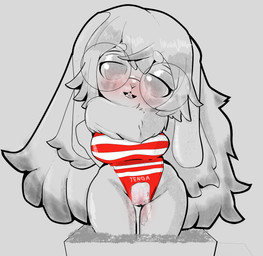 anthro aroused aroused_face aroused_smile big_breasts blush bodily_fluids box breasts buckteeth clothed clothing container eyewear female fur genital_fluids genitals glasses hair long_hair one-piece_swimsuit open_mouth round_glasses simple_background solo steam swimwear teeth thick_thighs tongue vulva wide_hips jampalanga tenga lagomorph leporid mammal rabbit hi_res restricted_palette