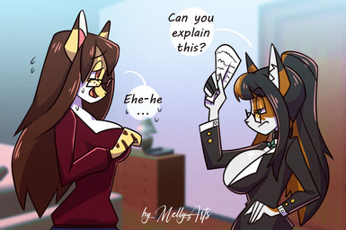 amber_eyes anthro blouse bodily_fluids breasts brown_hair choker cleavage clothed clothing door dresser duo eyewear female fur furniture glare glasses green_eyes grumpy hair jewelry lamp mottled multicolored_body multicolored_fur multicolored_hair necklace paper piebald shamrock speech_bubble suit_jacket sweat topwear worried mellyarts melody_(mellybyte) miku_(marshbreeze) calico_cat cheetah domestic_cat felid feline felis mammal