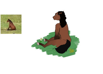 anthro black_hair brown_body flower grass hair male plant sitting shisimk equid equine horse mammal hi_res